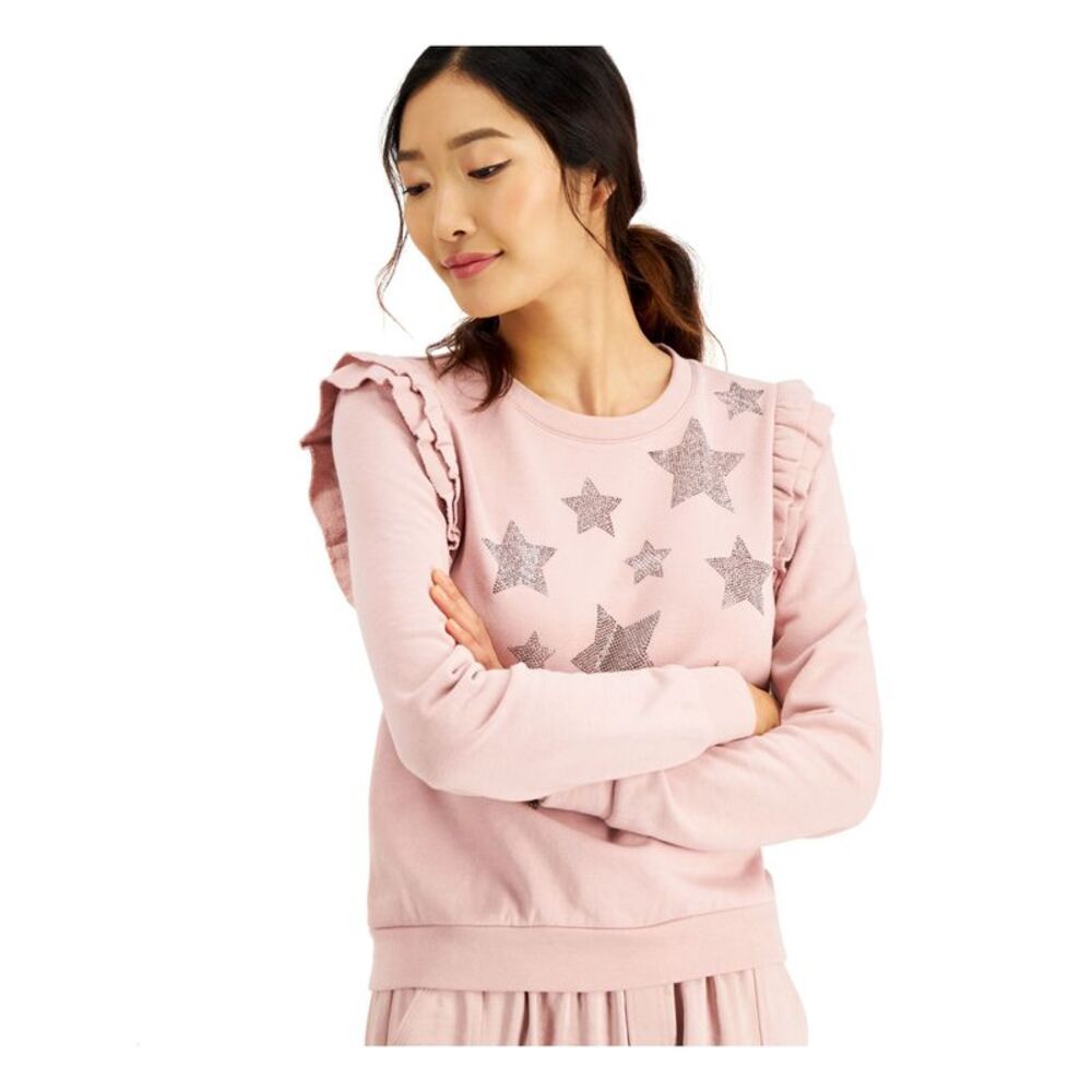 INC Womens Pink Embellished Ruffled Printed Sweatshirt S - Picture 3 of 4